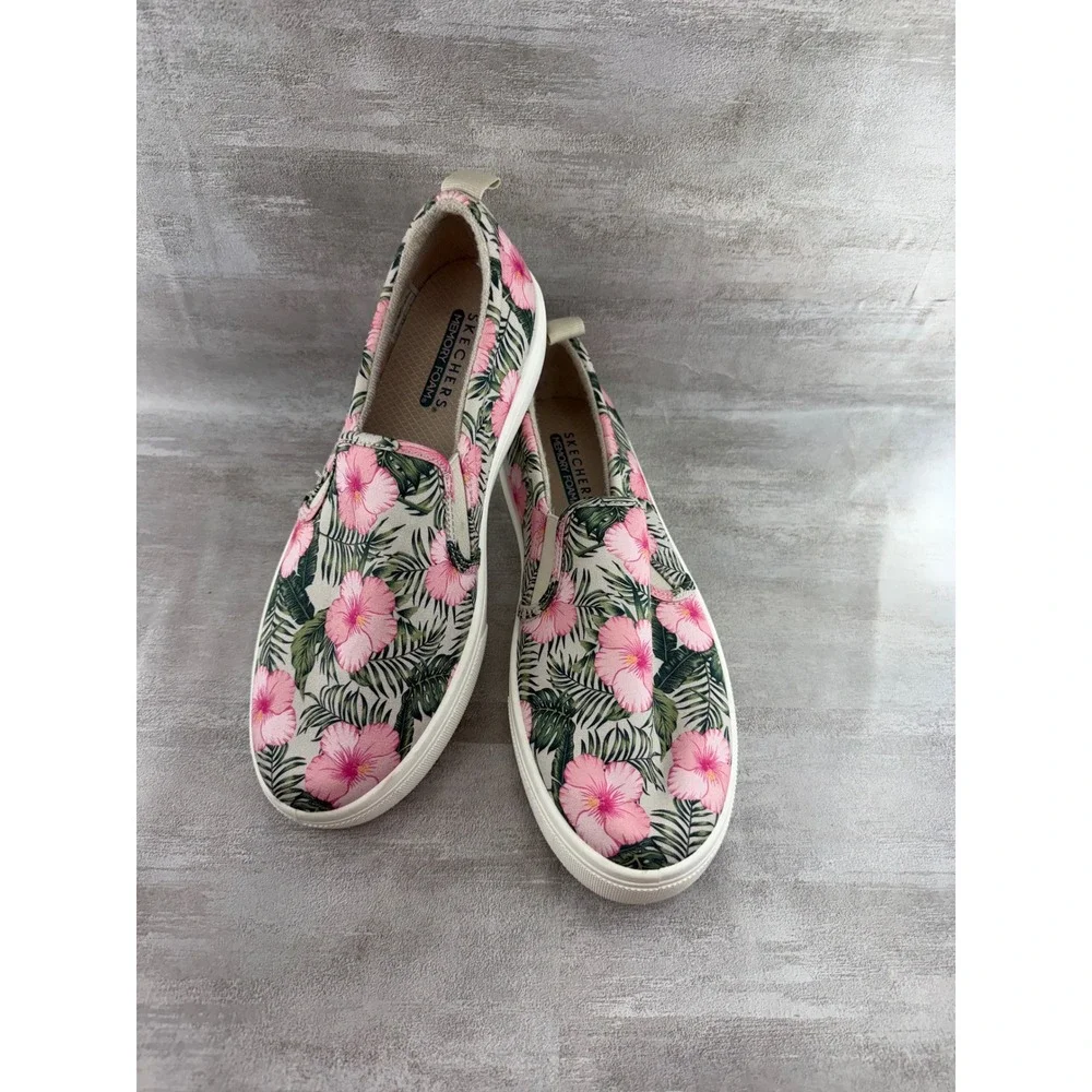 Skechers Women 155218 Tropical Hibiscus Floral Slip On Sneakers Pink White Sz 8